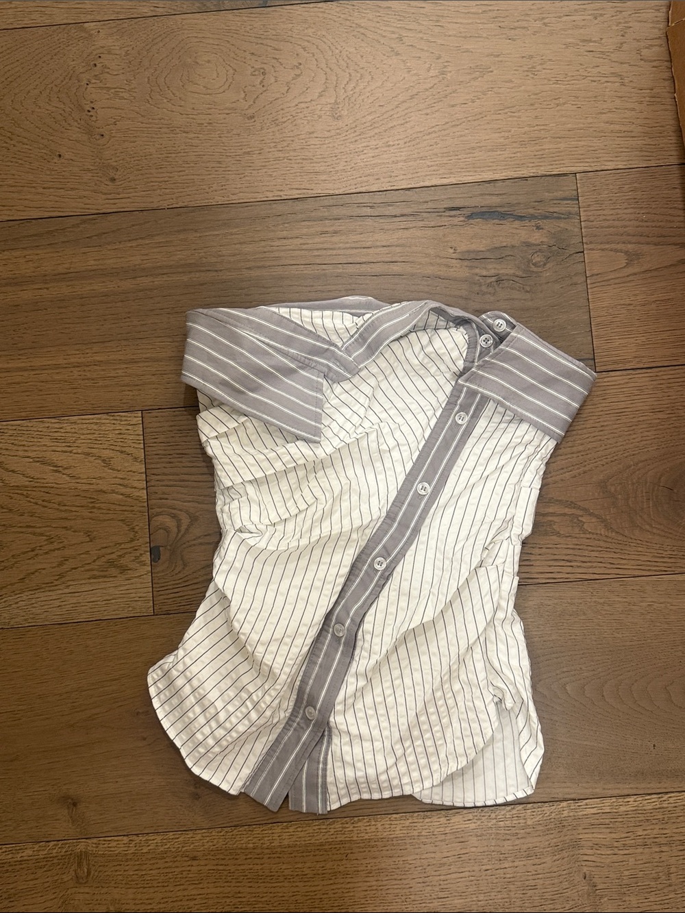 ZARA Striped Off-Shoulder Button-Down Top in Light Gray and White